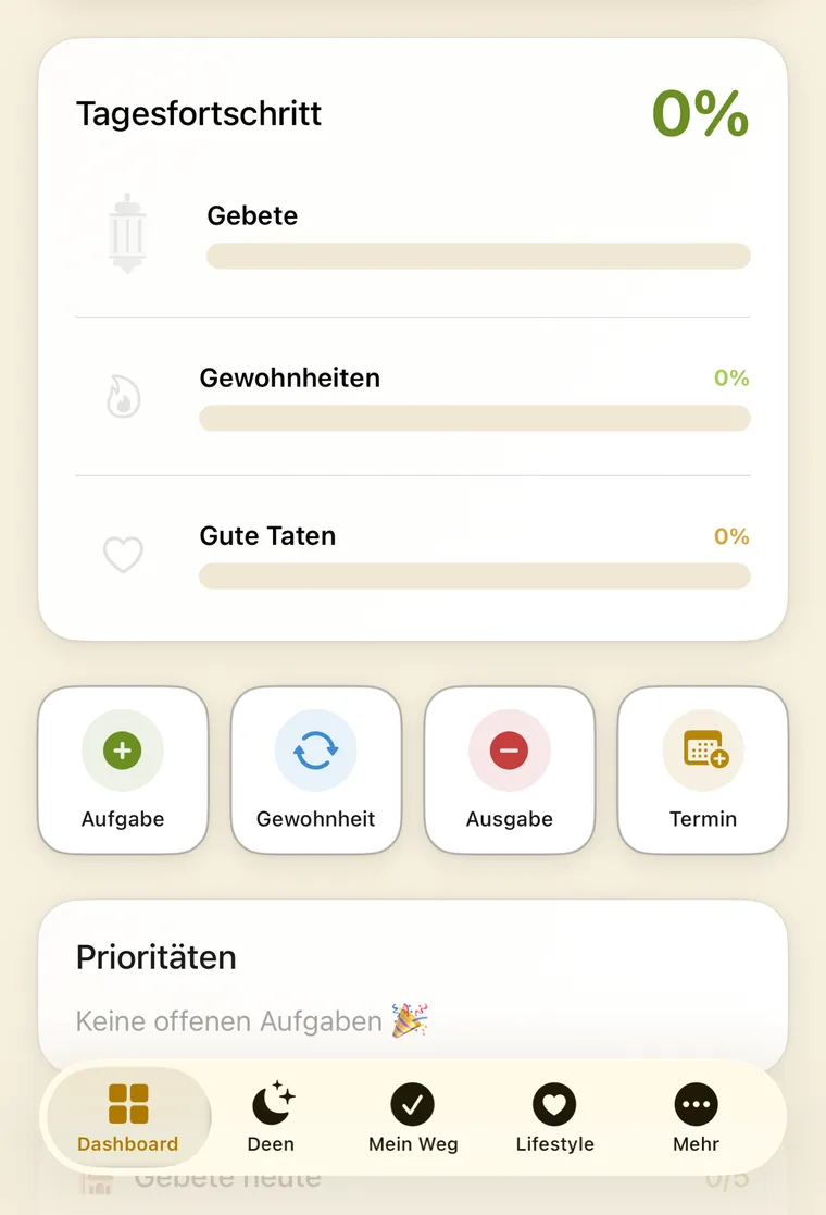 Amanah App, Tagesfortschritt mit Gebeten, Gewohnheiten und Guten Taten