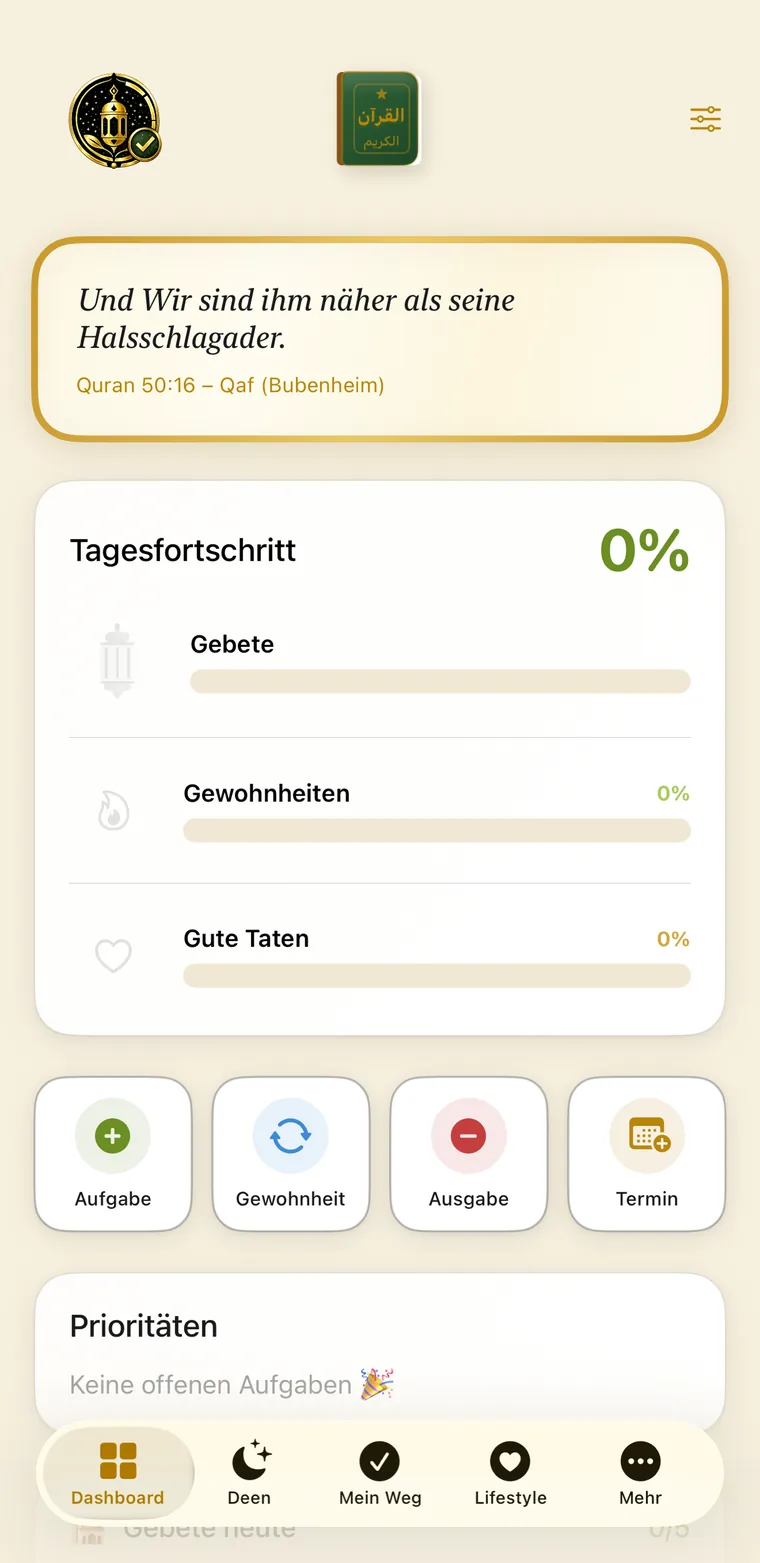 Amanah App, Dashboard mit Tagesvers, Tagesfortschritt für Gebete, Gewohnheiten und gute Taten sowie Schnellzugriff