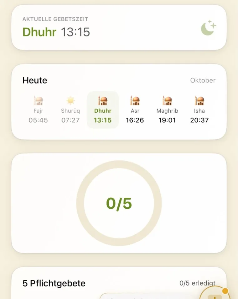 Amanah App, Gebets-Tracker mit der aktuellen Gebetszeit und den Gebeten des Tages