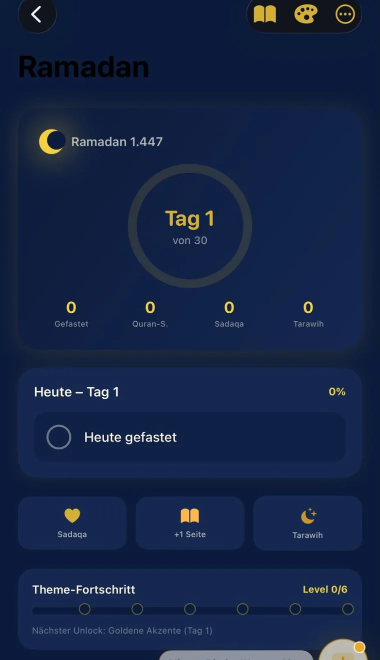 Amanah App im Ramadan-Modus: Tag 1 von 30, Felder für Fasten, Qur’an-Seiten, Sadaqa und Tarawih