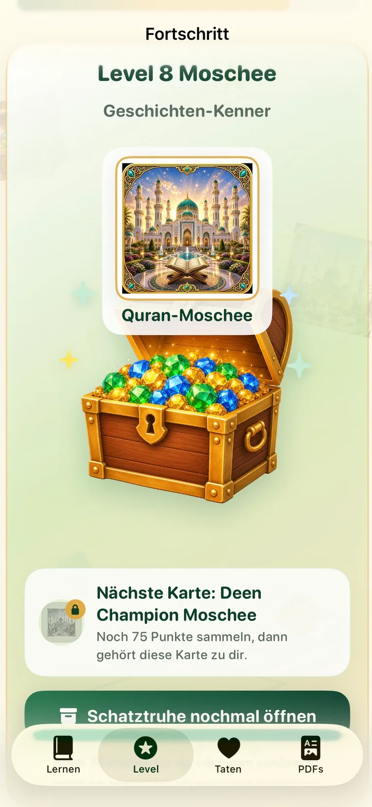 AmanahKids, Fortschritt mit Level 8 und einer Moschee-Sammelkarte aus der Schatztruhe