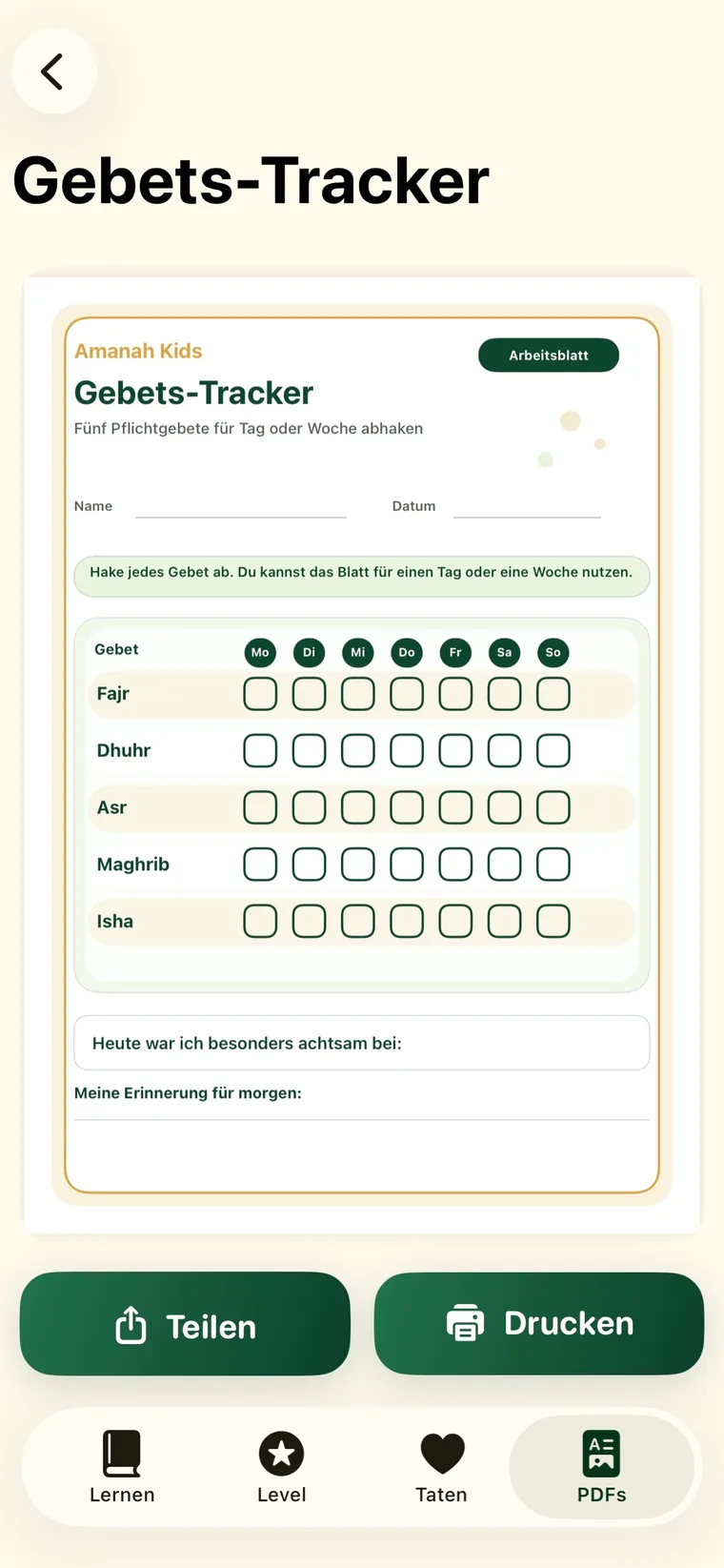 AmanahKids, Gebets-Tracker als Arbeitsblatt zum Teilen und Drucken