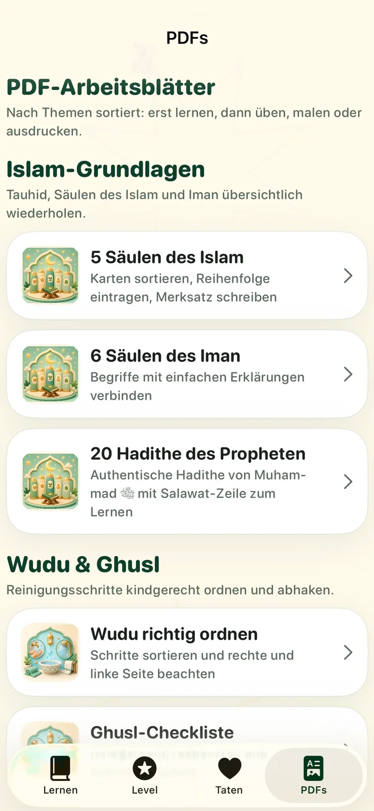 AmanahKids, Übersicht der PDF-Arbeitsblätter zu Islam-Grundlagen, Wudu und Ghusl